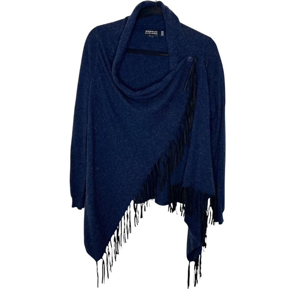 Repeat Silver Edition Womens Wrap Cardigan S Blue Wool Cashmere Fringe Poncho